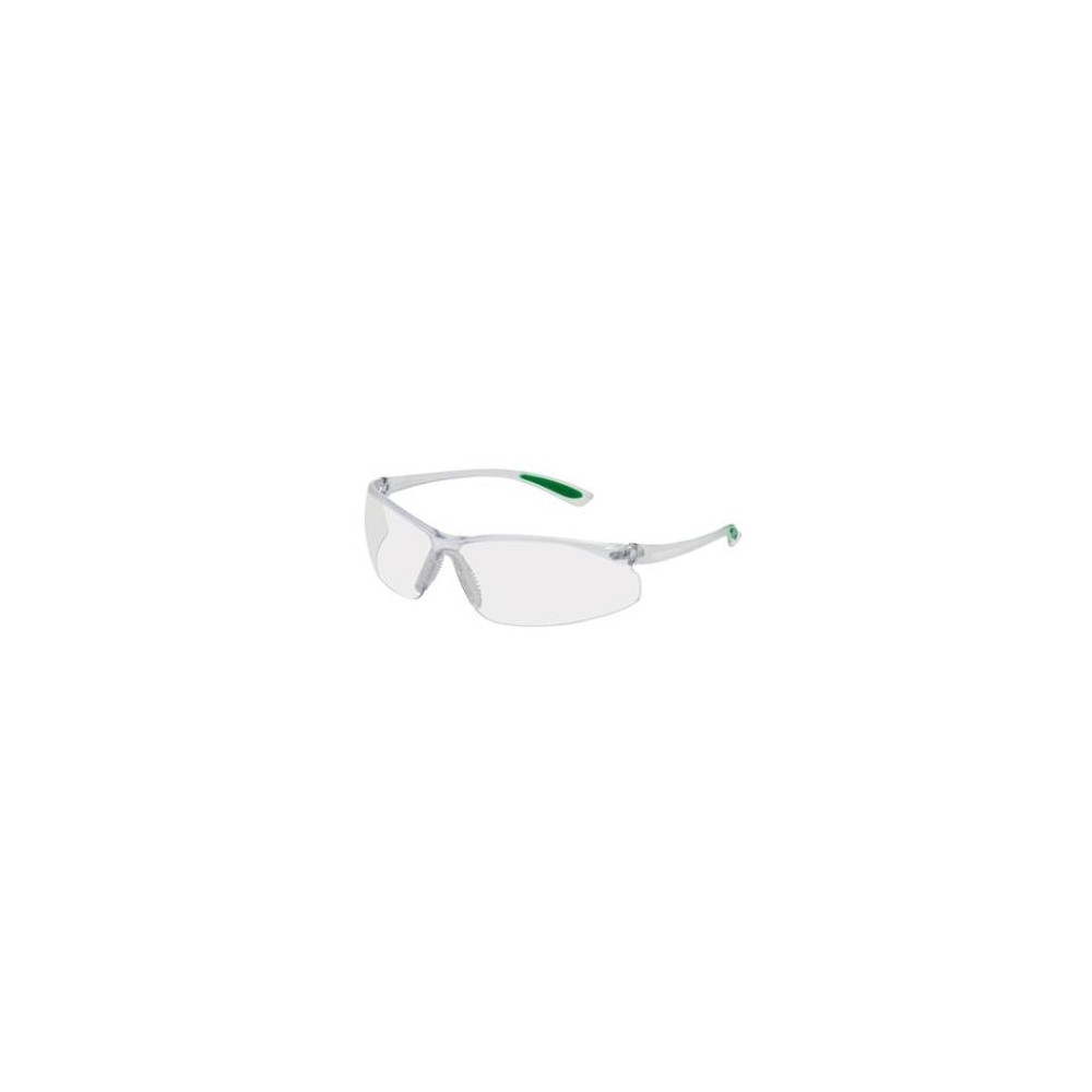 Safety spectacles MSA Featherfit, clear lense, clear/green earpiece, TuffStuff antiscratch coating