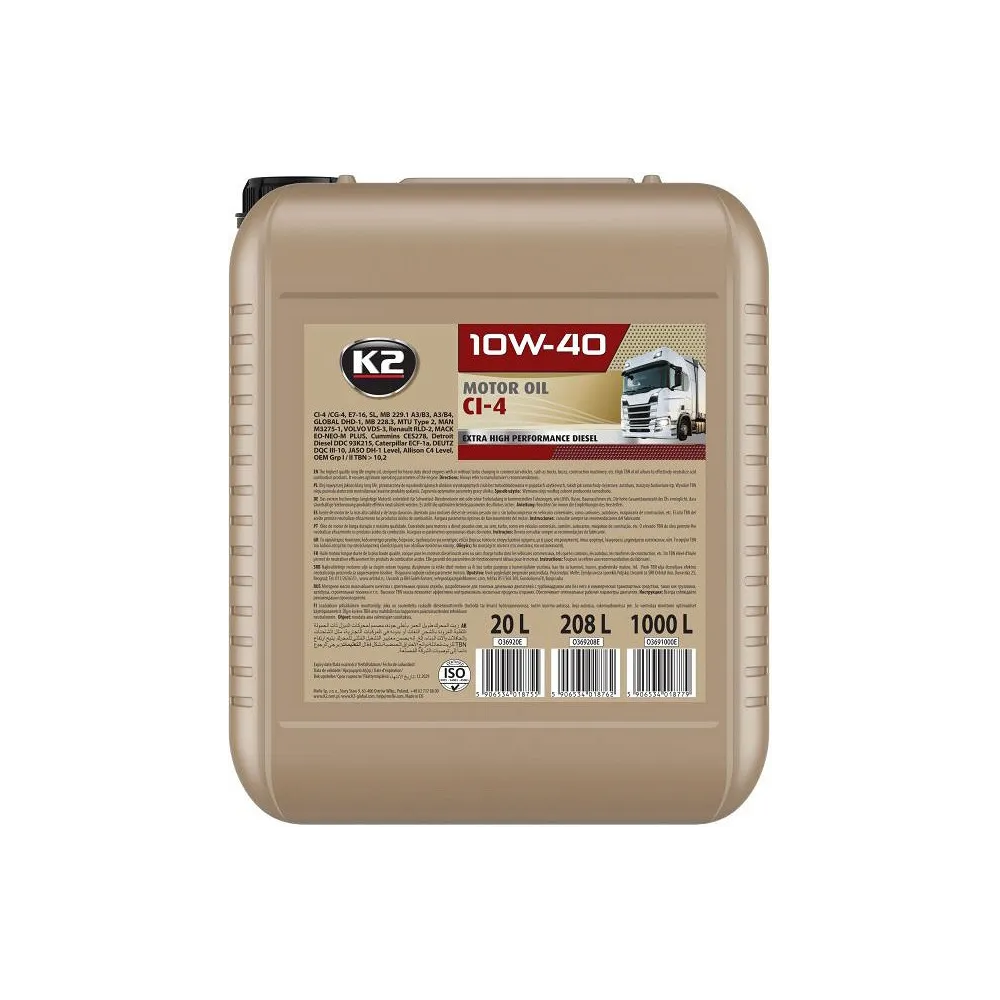 K2 10W40 API CI-4 ACEA E7, VDS-3, RLD-2, MB 228.3, MB 229.1 20L