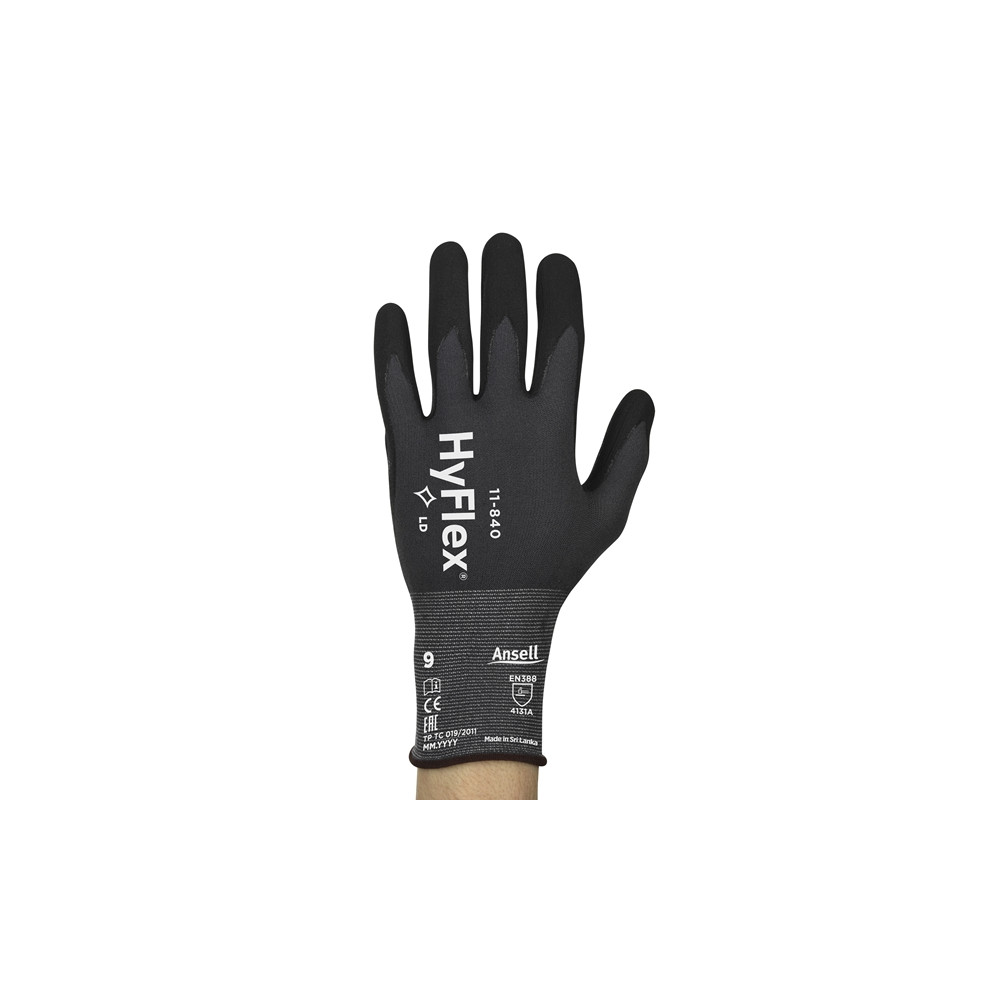 Safety gloves Ansell HyFlex 11-840, size 6. Nylon, spandex. Foam nitrile palm dipped. Retail pack