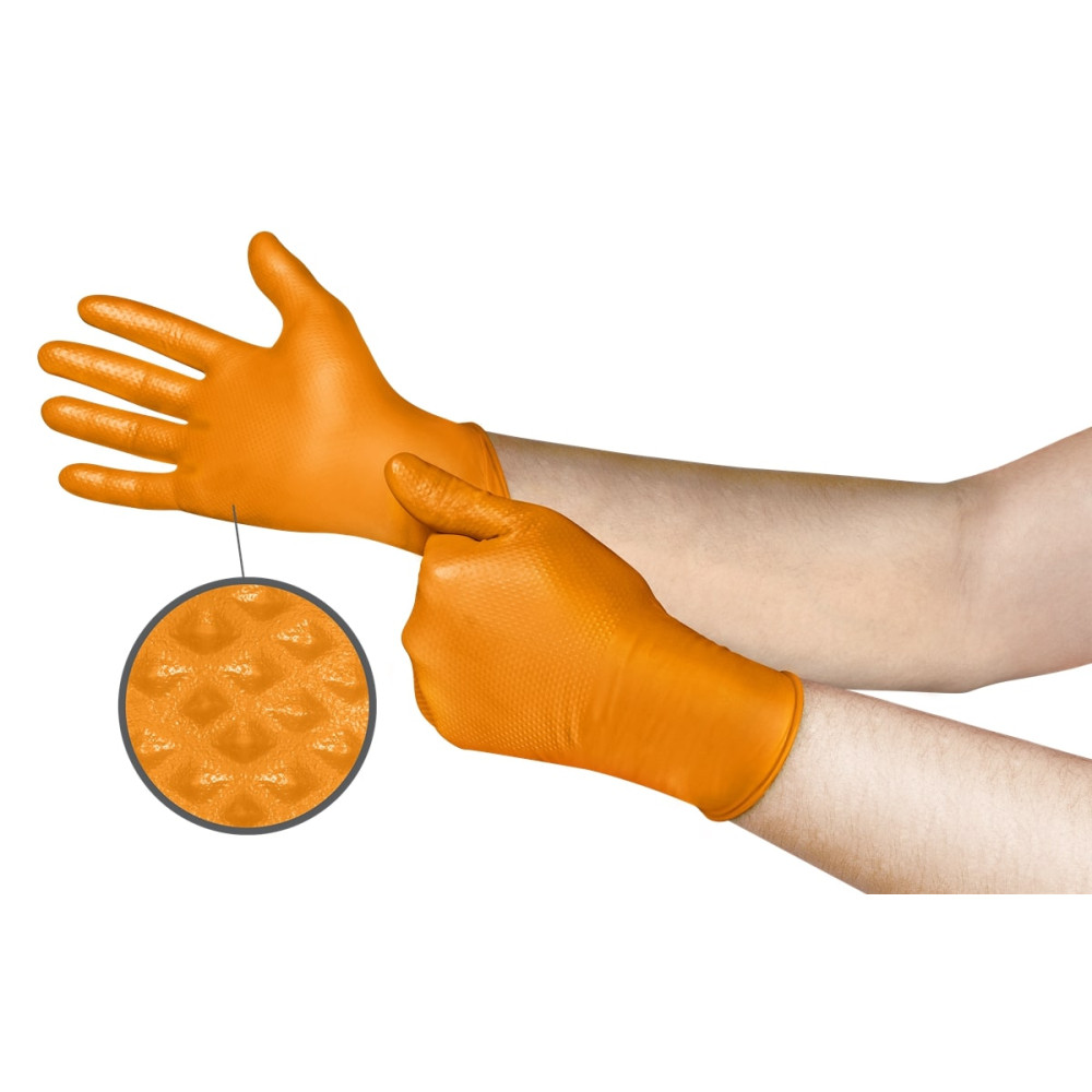 Disposable nitrile gloves Ansell Microflex Mega Grip 93-256, 100 pcs, 0,13mm, 275mm long, orange, size M (7,5-8)