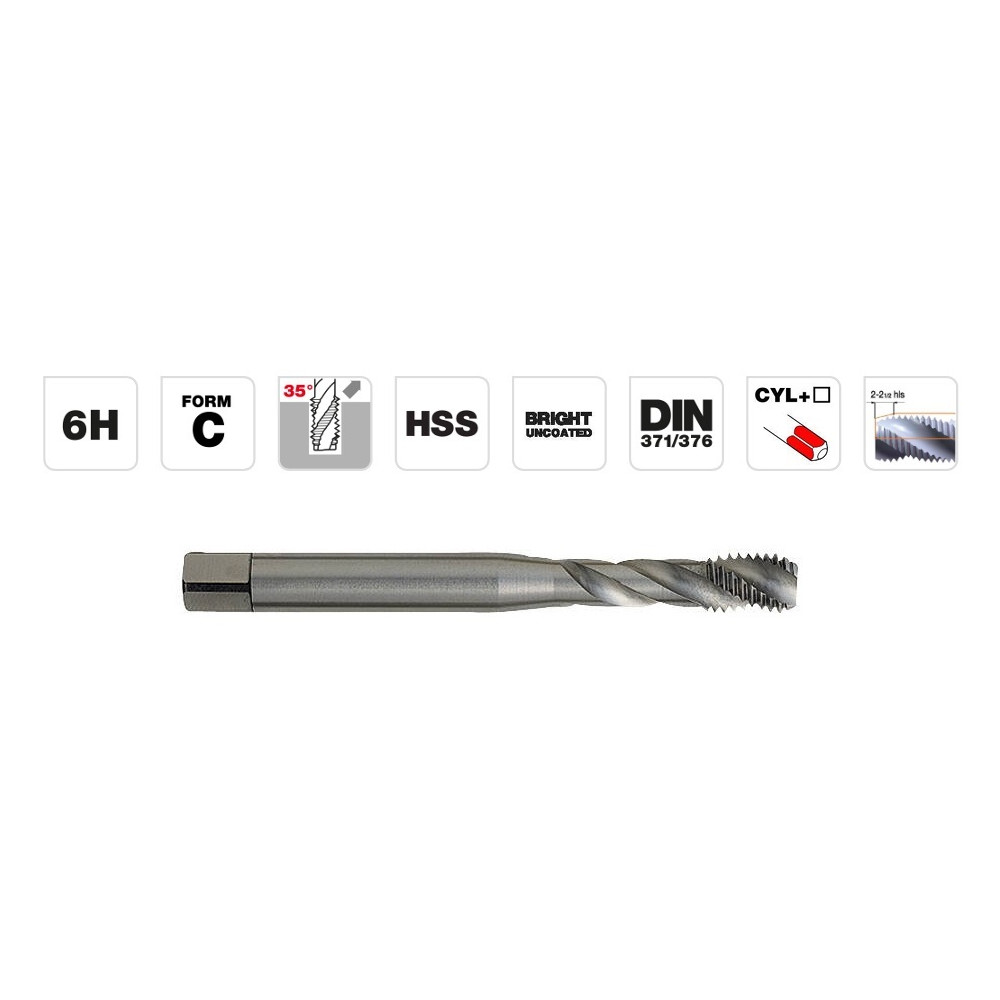 HSS DIN Machine Tap M10, spiral flute 35°. Bright, uncoated. T Line