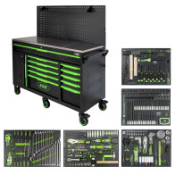 332-OS. TÖÖRIISTAKÄRU/TÖÖLAUD TÖÖRIISTADEGA, PERFOSEINAGA, INOX LAUAGA JBM