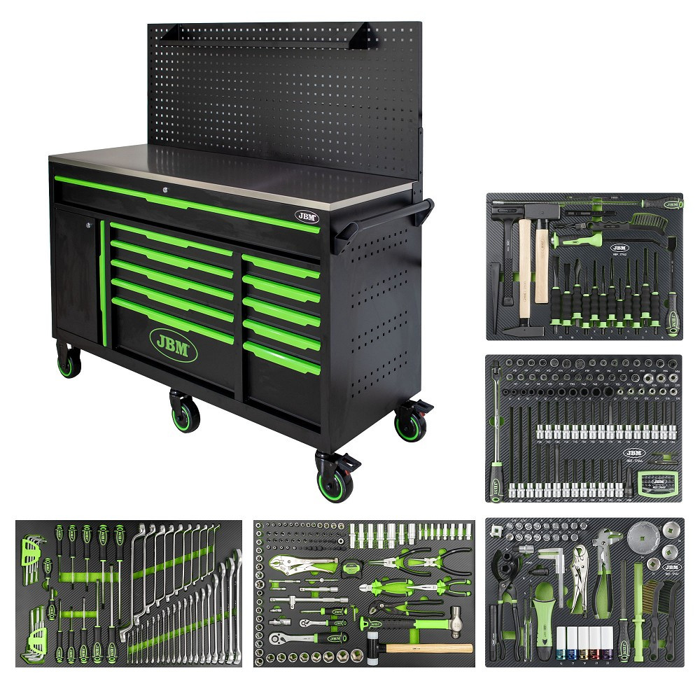 332-OS. TÖÖRIISTAKÄRU/TÖÖLAUD TÖÖRIISTADEGA, PERFOSEINAGA, INOX LAUAGA JBM