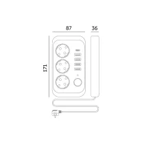 KONTORI PIKENDUSJUHE 3 PESA+4 USB-A+1 USB-C, LÜLITIGA 5M 3X1,5MM2 MUST KOBI