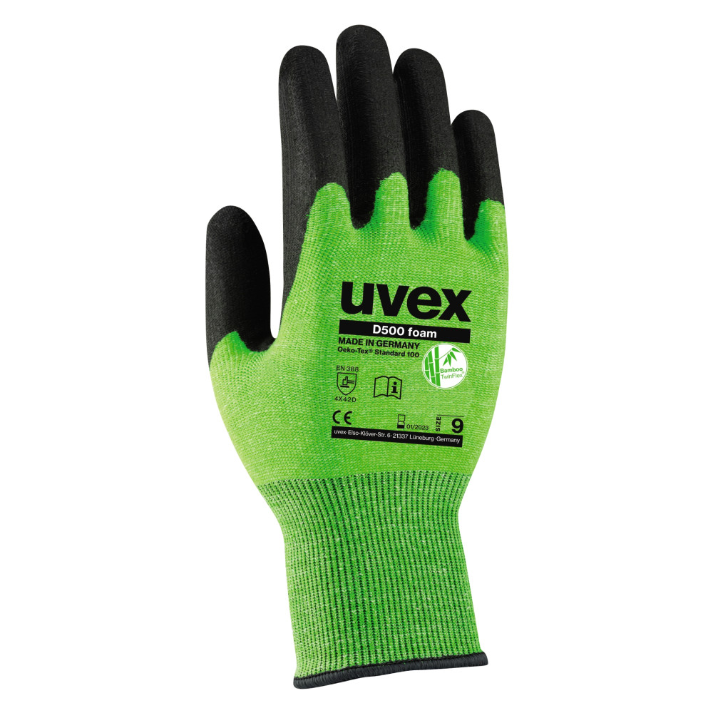 Safety gloves Uvex D500 foam, cut level D/5,Bamboo, Dyneema, steel, polyamide. HPE coating, green, size 9