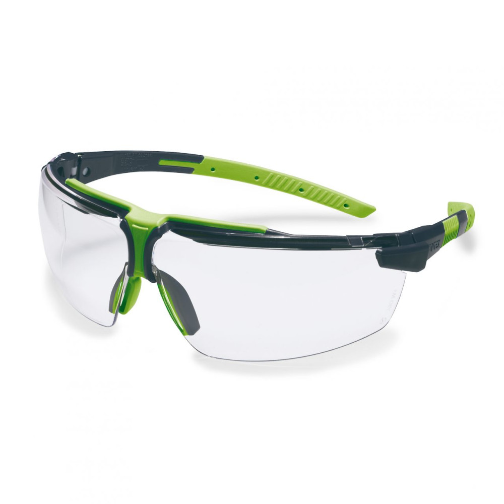 Safety glasses Uvex i-3 s, clear lens, supravision excellence (anfi scratch, anti fog) coating, black/green. Variable side arms 