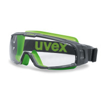 Safety goggles with perfect fit Uvex U-sonic, clear lens, supravision extreme (anfi scratch, anti fog) coating, grey/lime. Rubbe