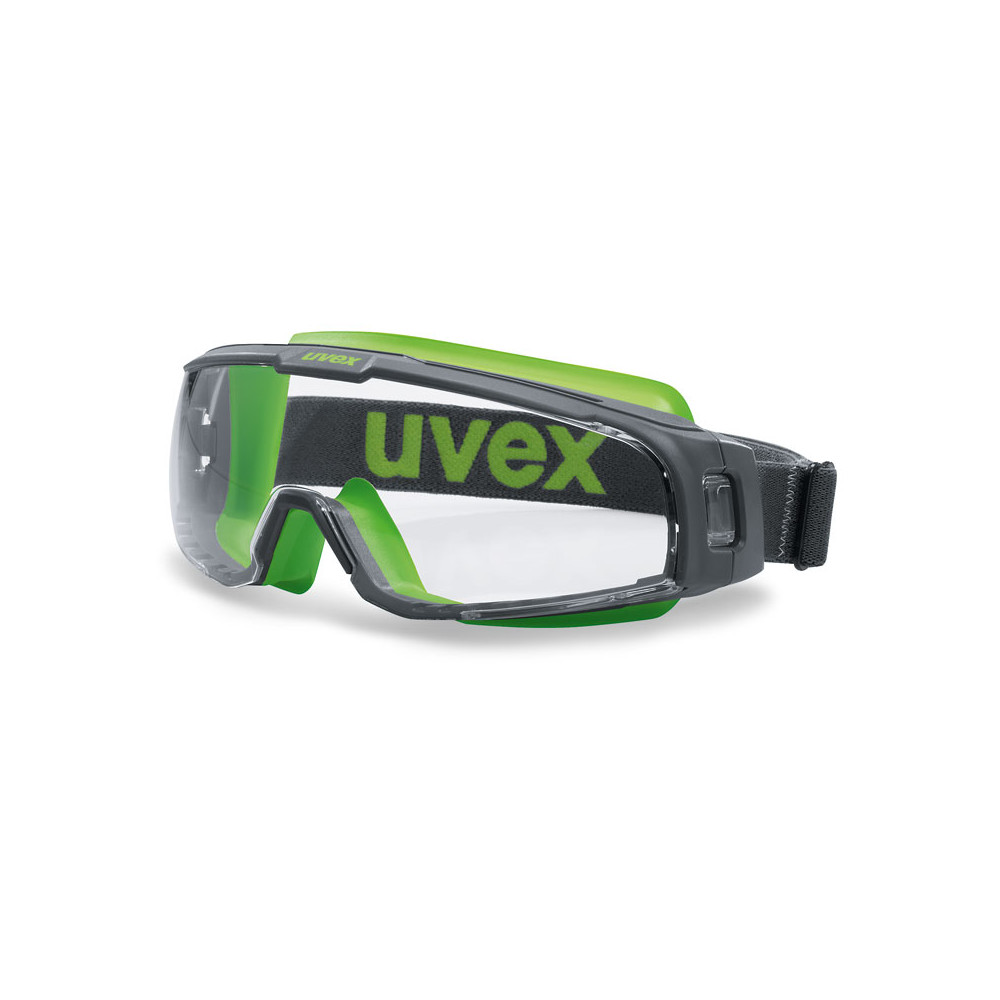 Safety goggles with perfect fit Uvex U-sonic, clear lens, supravision extreme (anfi scratch, anti fog) coating, grey/lime. Rubbe