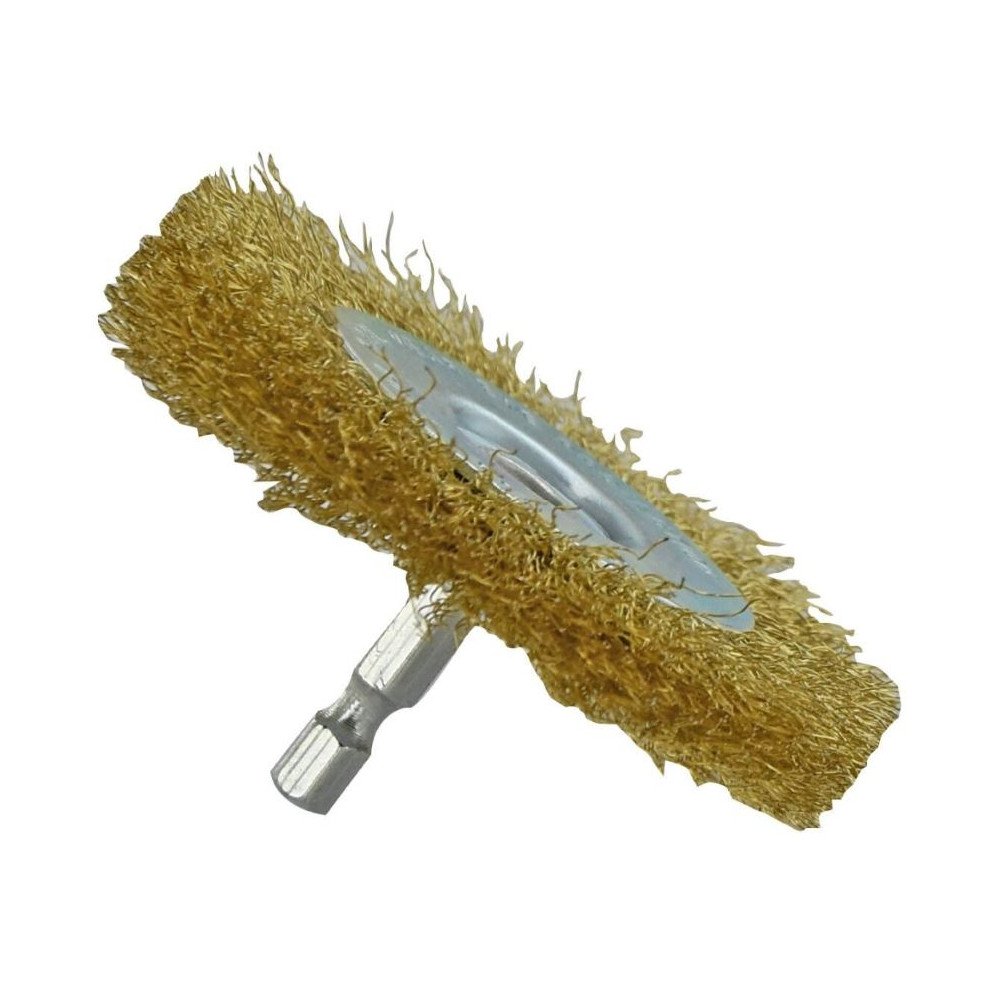 Brass steel wire brush for drill, Ø75mm, corrugated 0.20mm,1/4 HEX shank